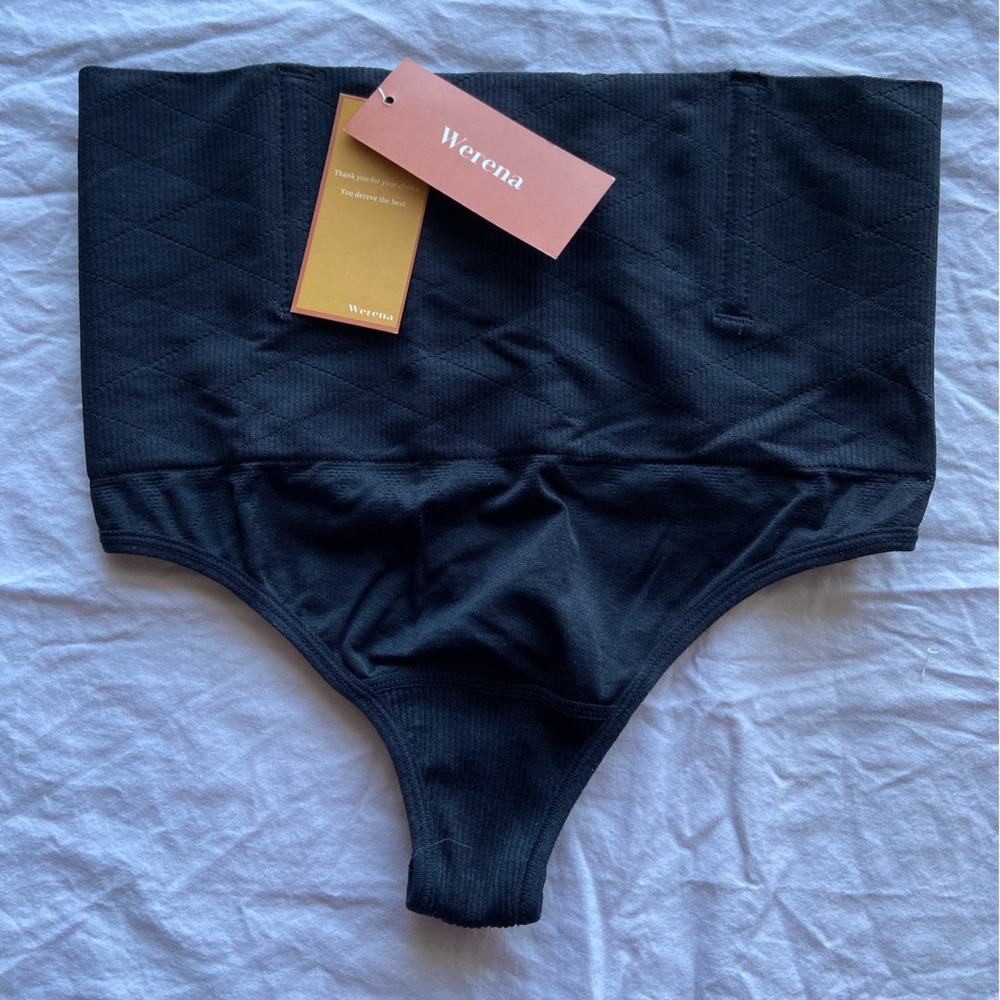 WERENA NWT Small high waisted black ribbed control top thong panties